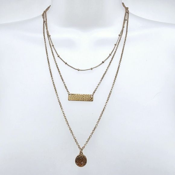 Bancroft Layered Necklace Gold Tone Hammered Pendants Triple Strand Draping - Picture 8 of 9